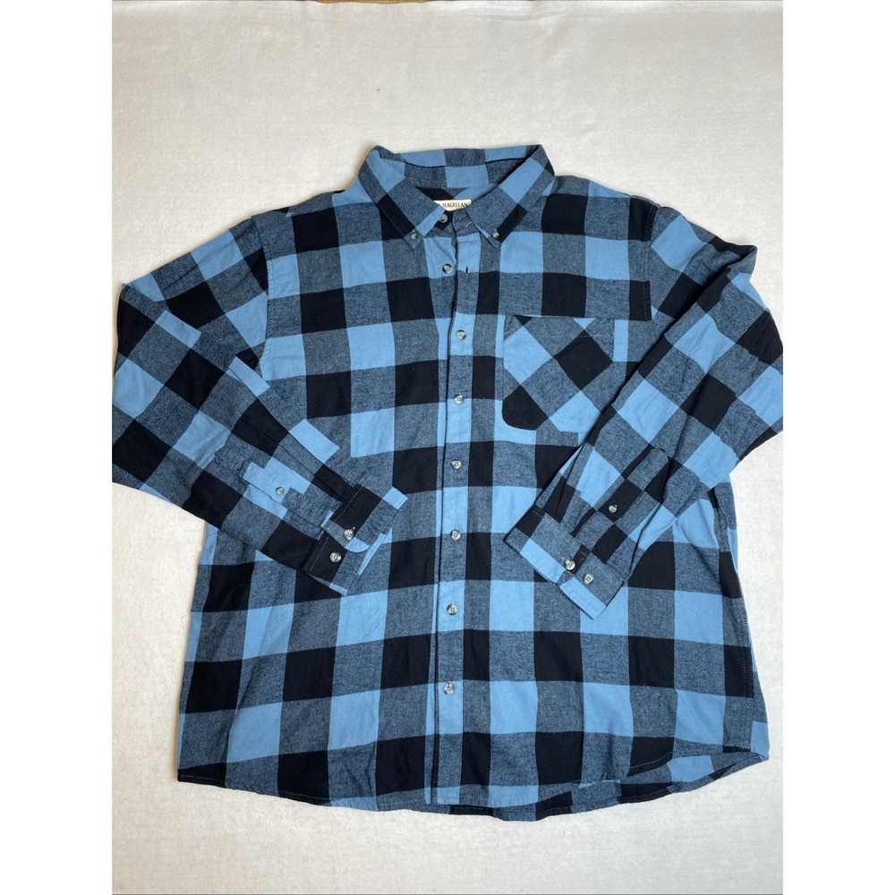Magellan Outdoors Mens Flannel Shirt Blue Black Buffalo Plaid Long Sleeve 2XL